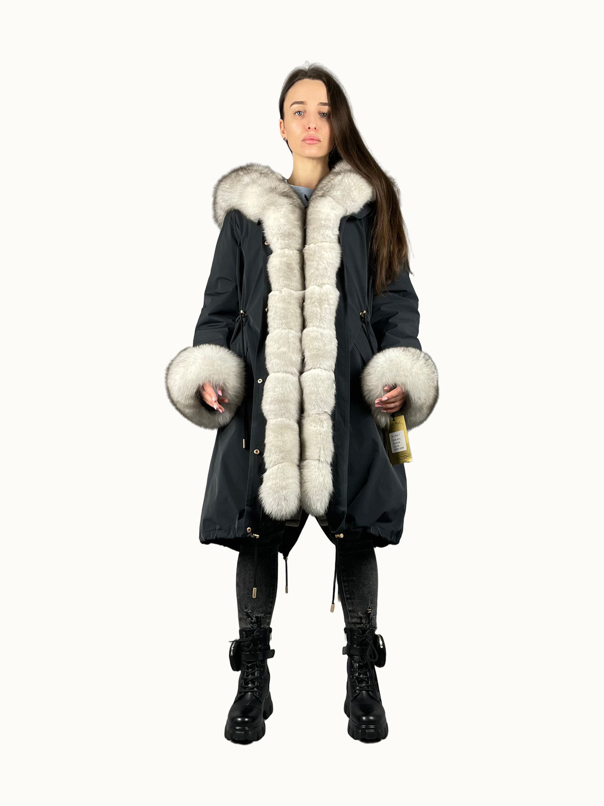 Parka LUX grafitowa z białym futrem, 103 cm