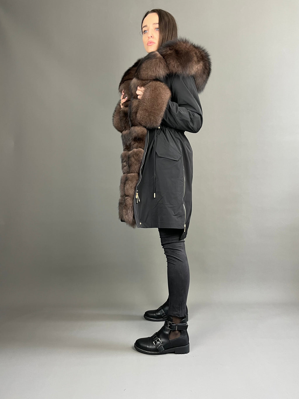 Parka LUX Black / Brown Fur 95 cm, Side Zippers