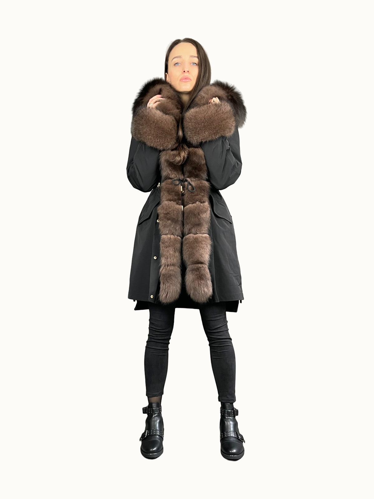 Parka LUX in Schwarz mit braunem Fell, 95 cm, seitliche Reißverschlüsse