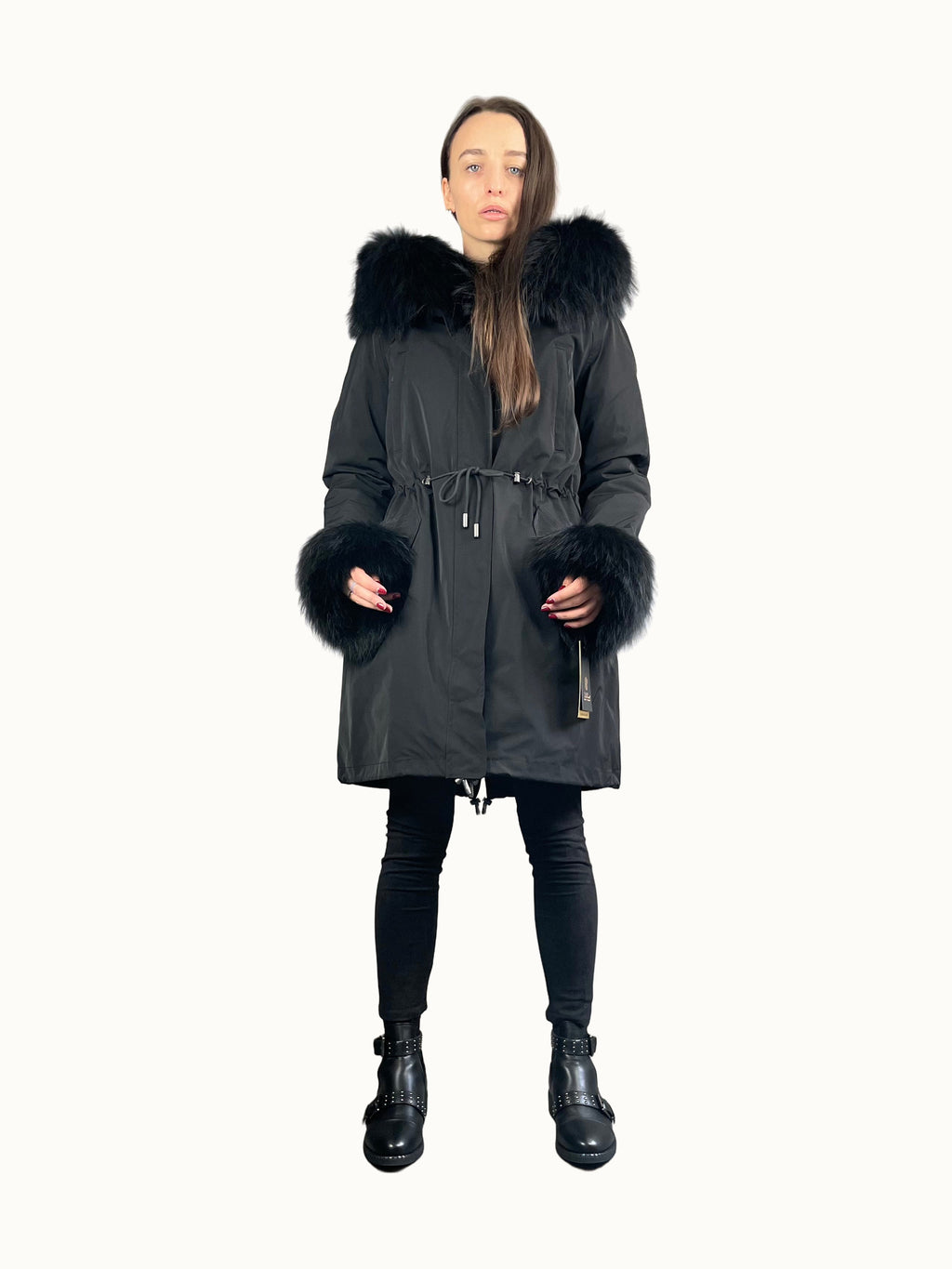 Parka LUX nero con pelliccia di procione, 95 cm, 4 tasche