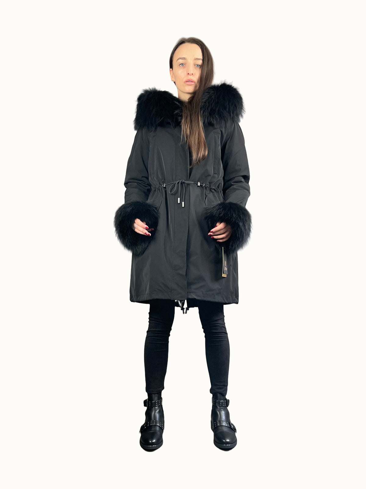 Parka LUX nero con pelliccia di procione, 95 cm, 4 tasche