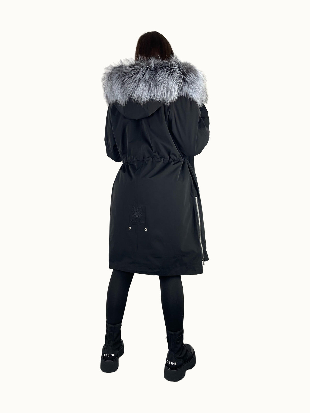 Parka LUX noire à fourrure de renard argenté, 95 cm