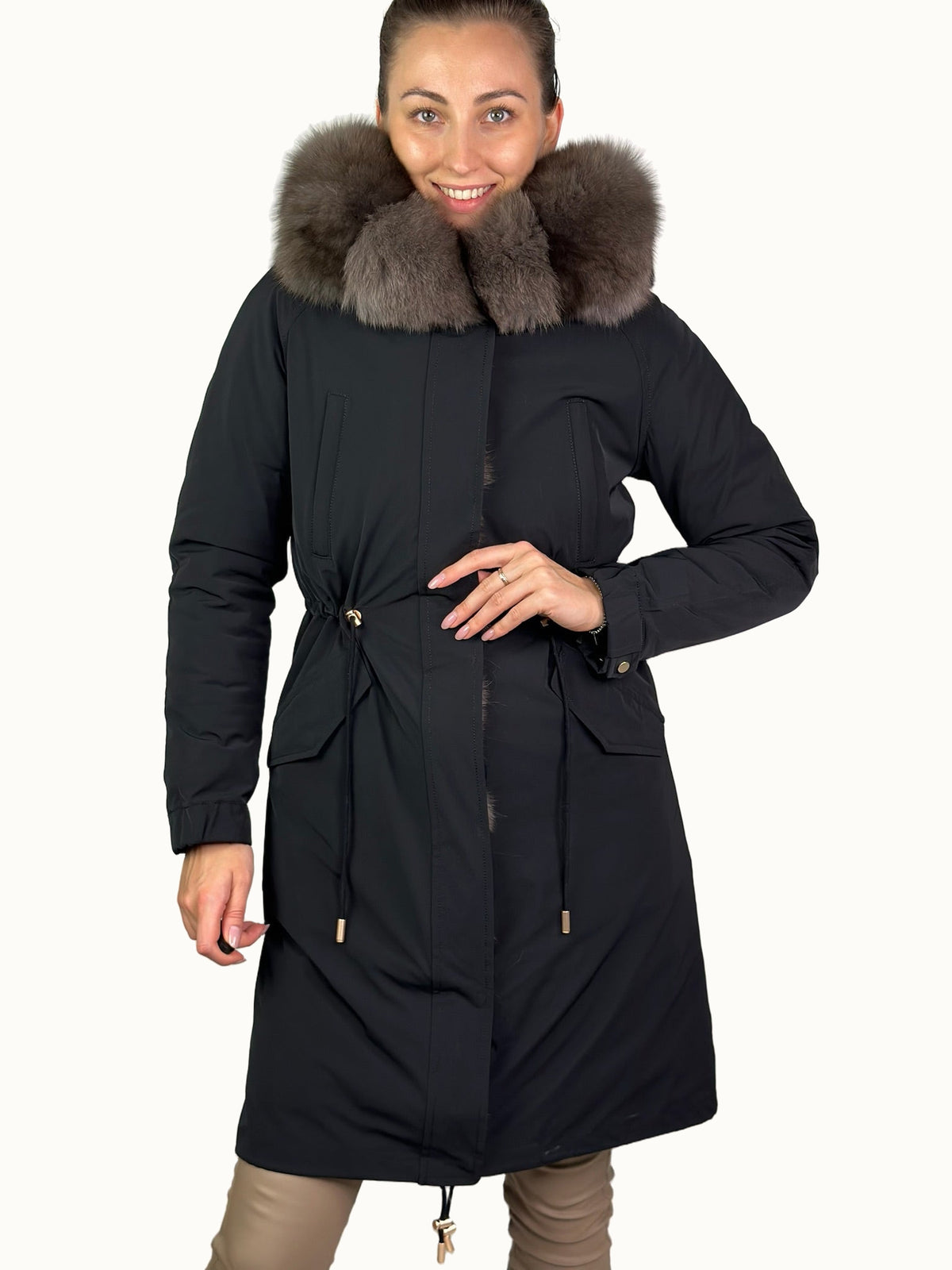 Parka LUX in Schwarz mit grauem Fell, 95 cm, 4 Taschen