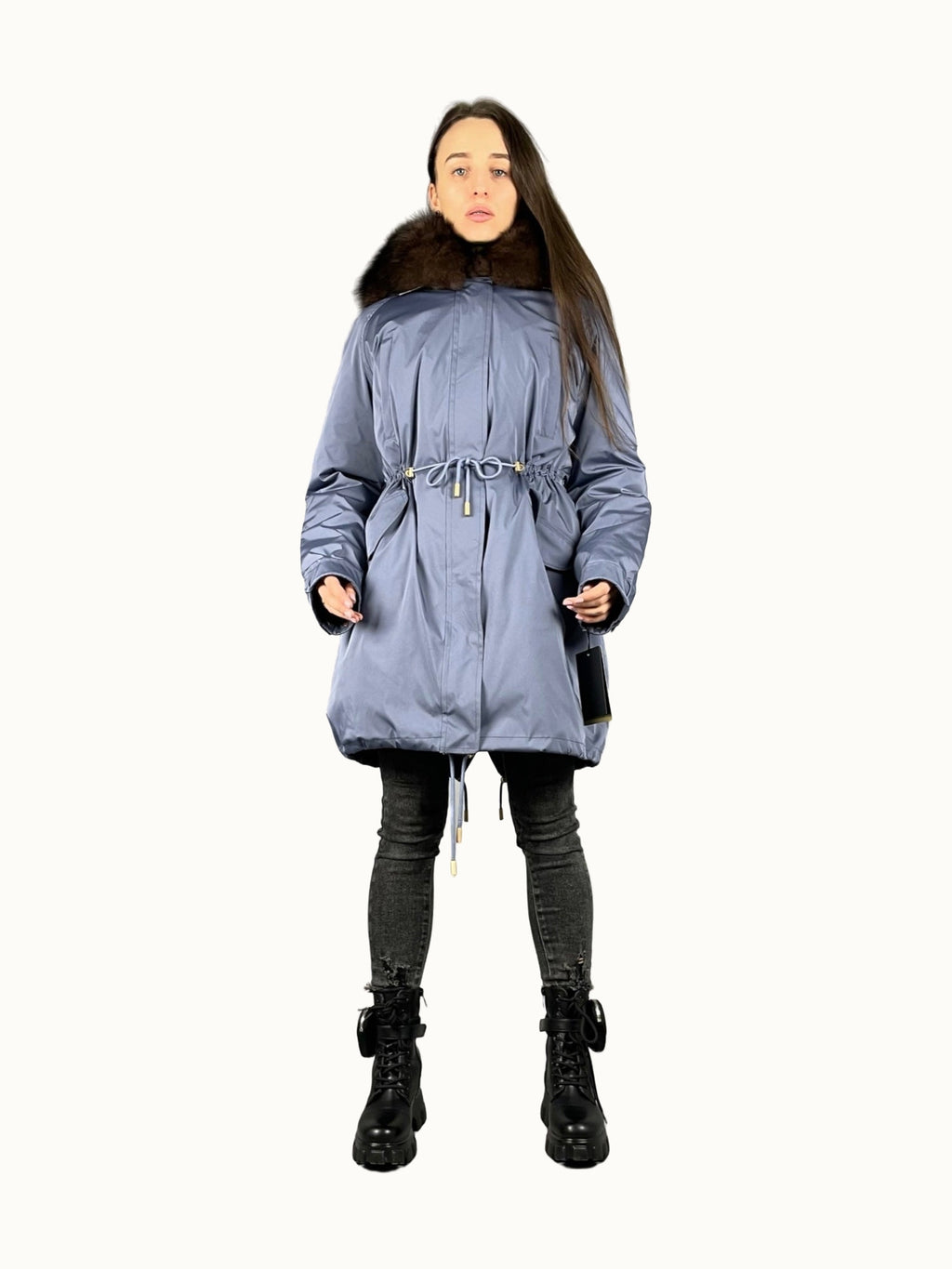 Parka LUX in Blau mit braunem Fell, 95 cm