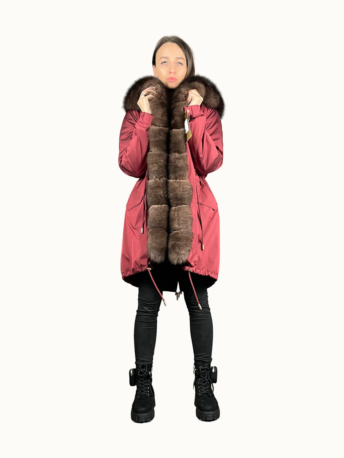 Parka LUX bordowa z brązowym futrem, 95 cm, 4 kieszenie