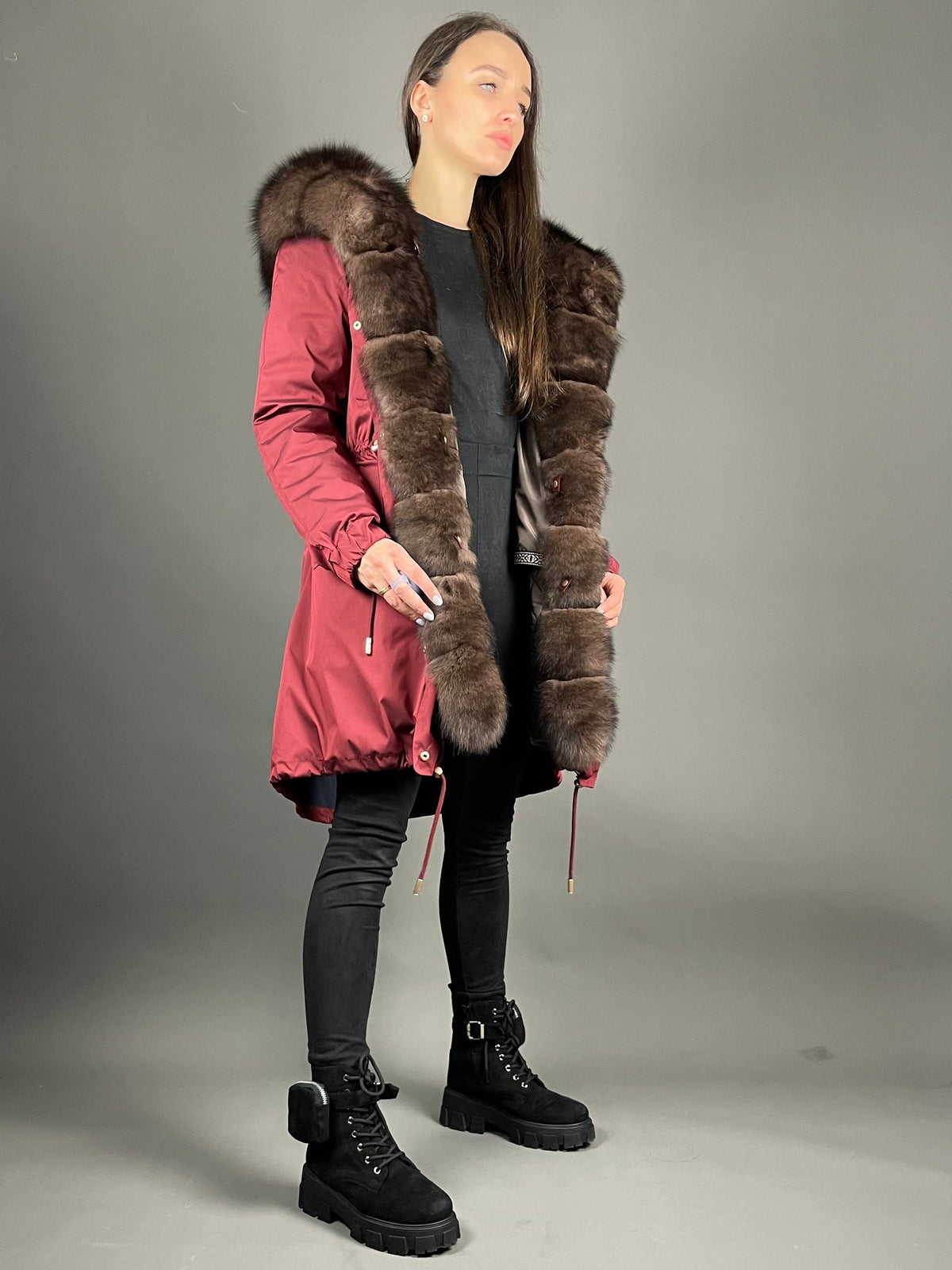 Parka LUX bordo ar brūnu kažokādu, 95 cm, 4 kabatas