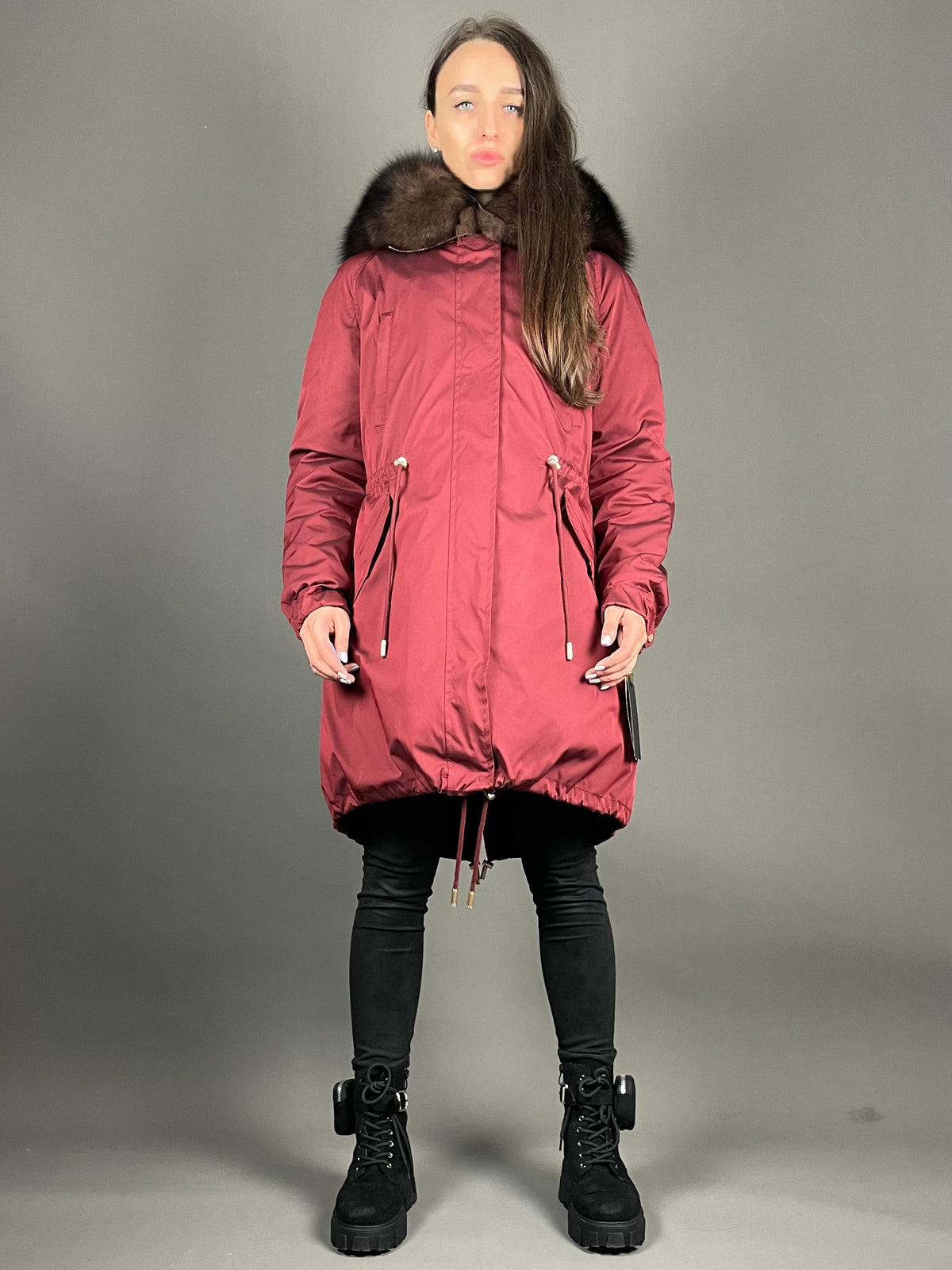 Parka LUX bordo ar brūnu kažokādu, 95 cm, 4 kabatas