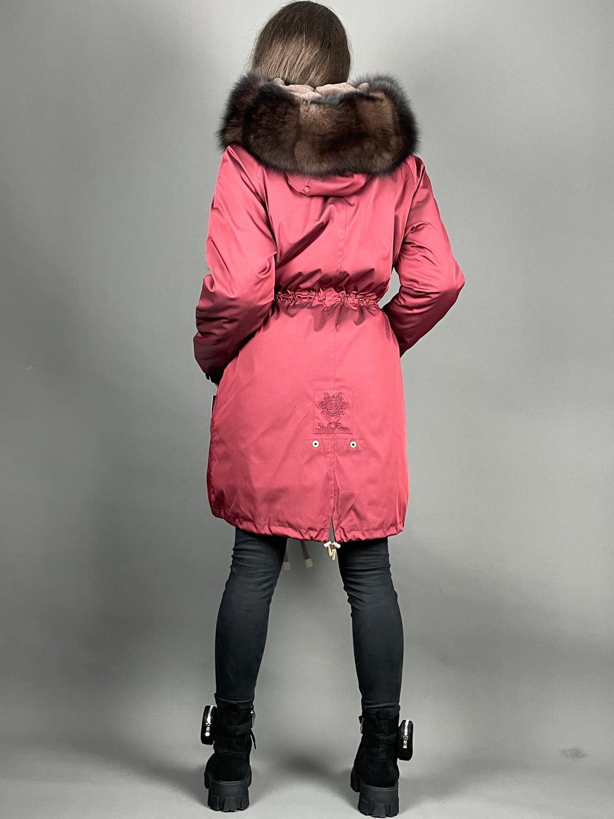 Parka LUX bordo ar brūnu kažokādu, 95 cm, 4 kabatas