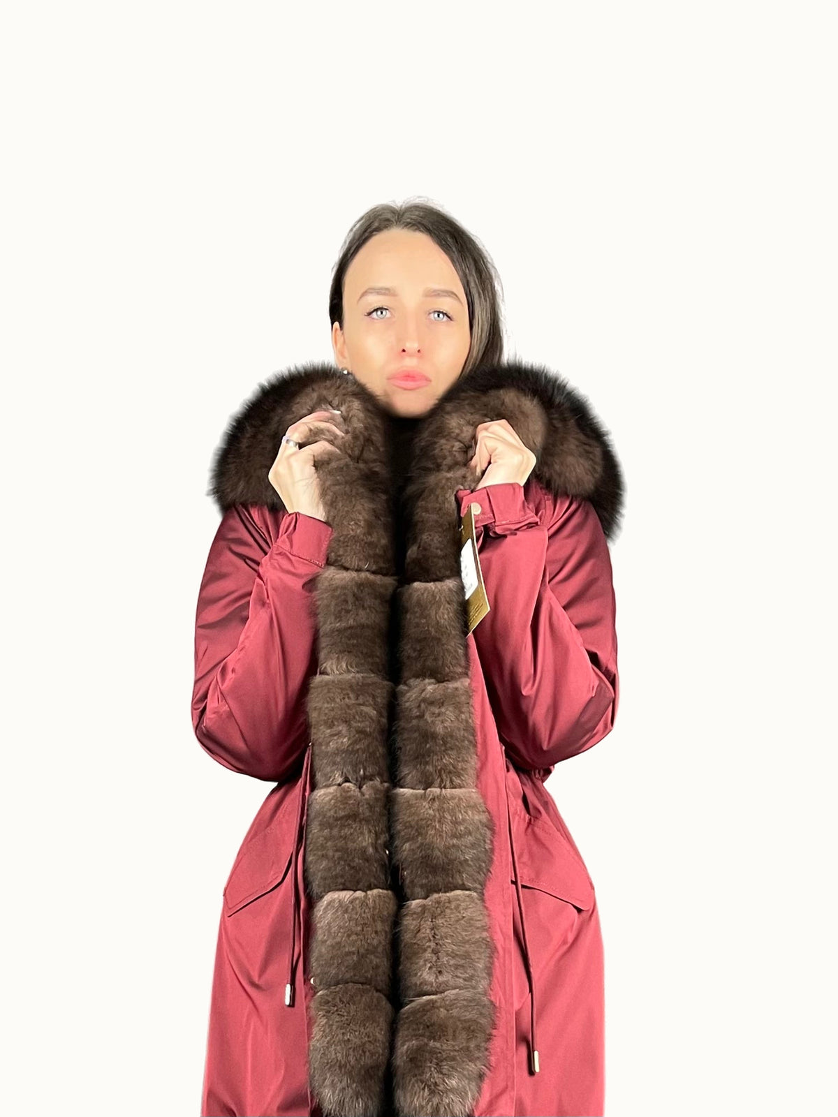 Parka LUX bordowa z brązowym futrem, 95 cm, boczne zamki