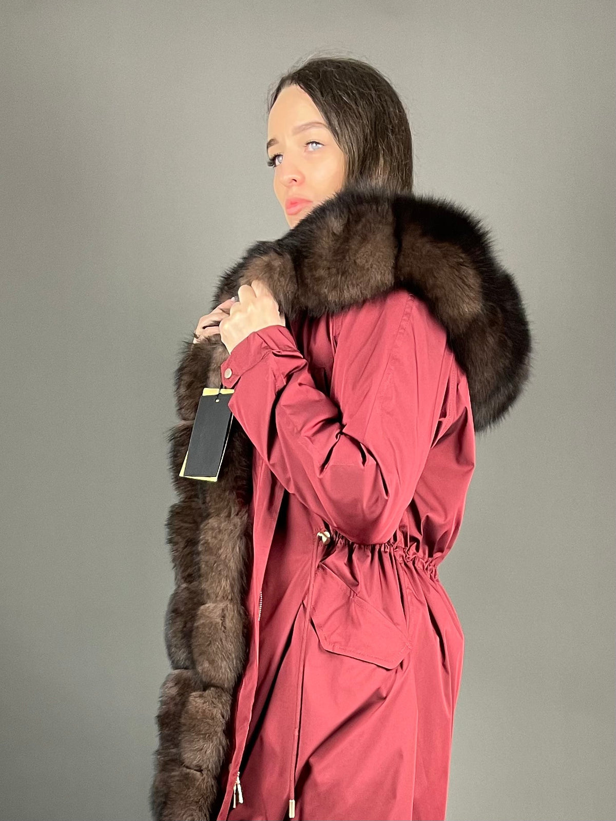 Parka LUX bordo ar brūnu kažokādu, 95 cm, sānu rāvējslēdzēji
