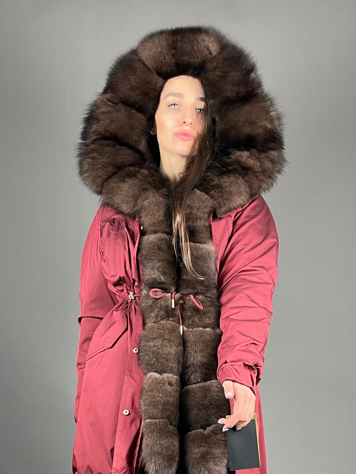 Parka LUX bordo ar brūnu kažokādu, 95 cm, sānu rāvējslēdzēji