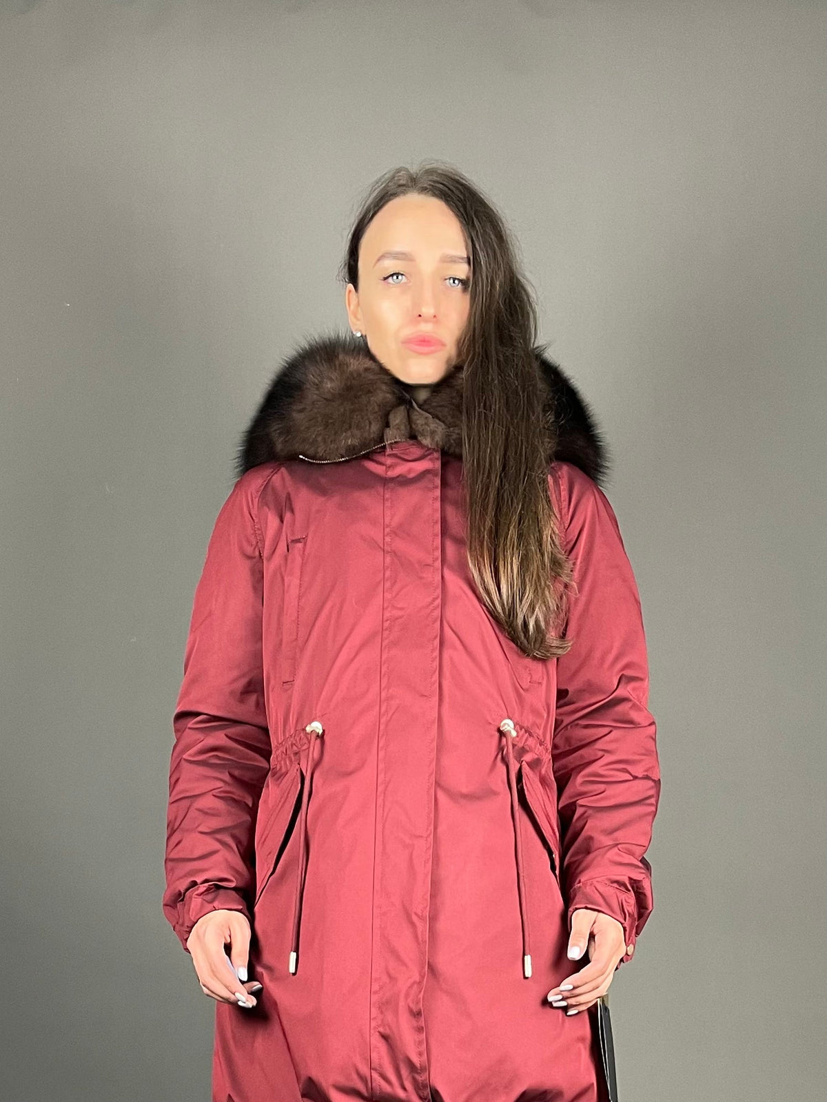 Parka LUX bordo ar brūnu kažokādu, 95 cm, sānu rāvējslēdzēji