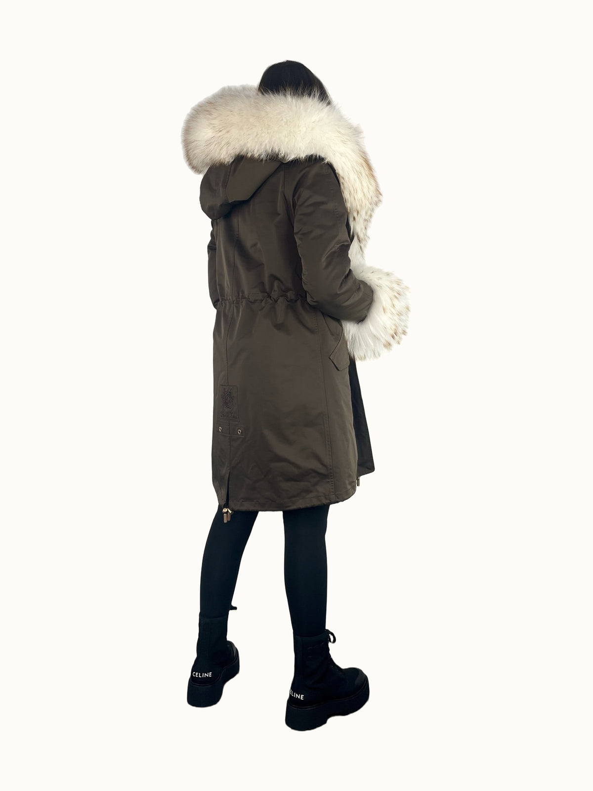 Parka LUX brązowa z biało-żółtym futrem, 95 cm
