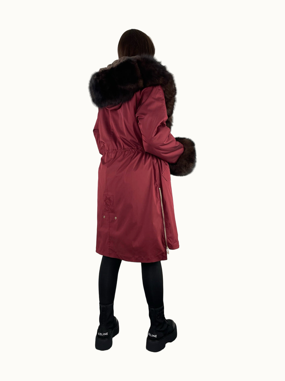 Parka LUX bordowa z brązowym futrem, 95 cm, boczne zamki