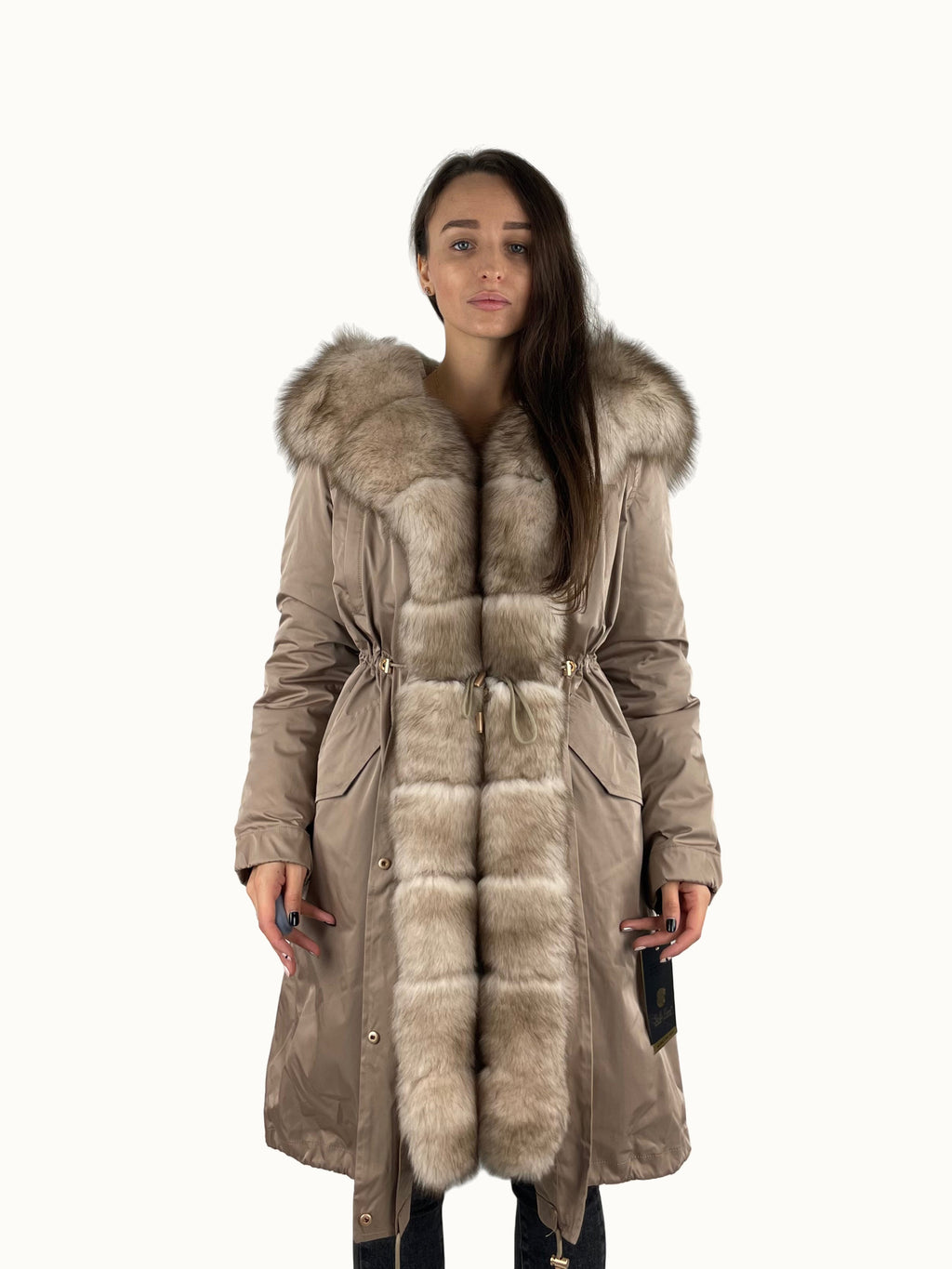 Parka LUX cammello con pelliccia bianca e gialla, 103 cm