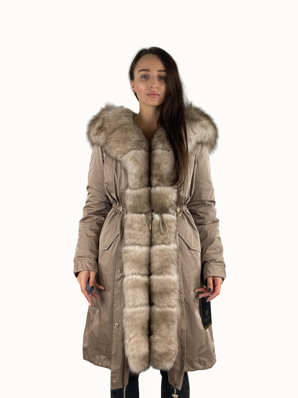 Parka LUX cammello con pelliccia bianca e gialla, 103 cm
