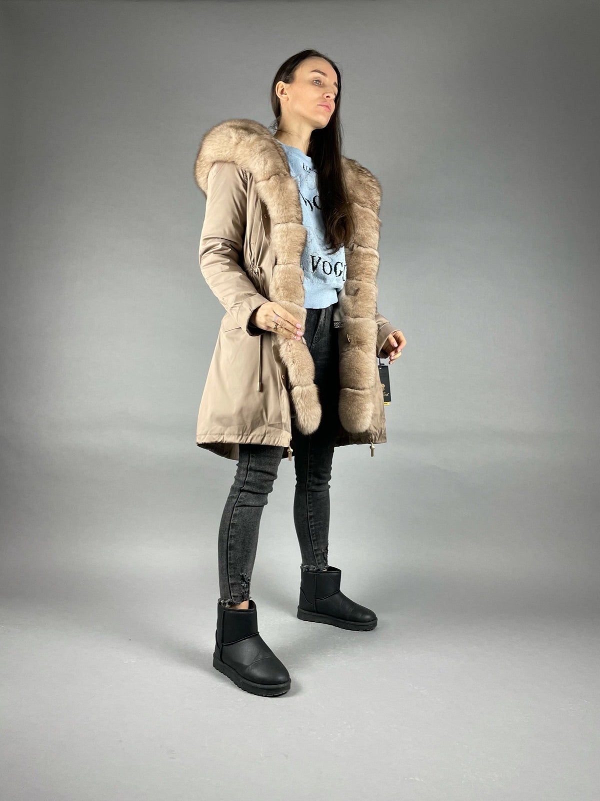 Parka LUX camel à fourrure blanc et jaune, 95 cm