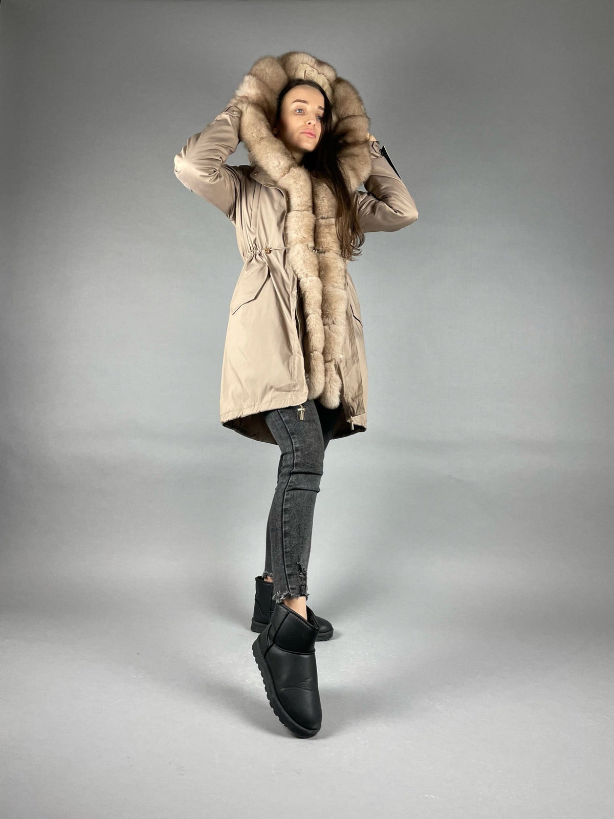 Parka LUX camel à fourrure blanc et jaune, 95 cm