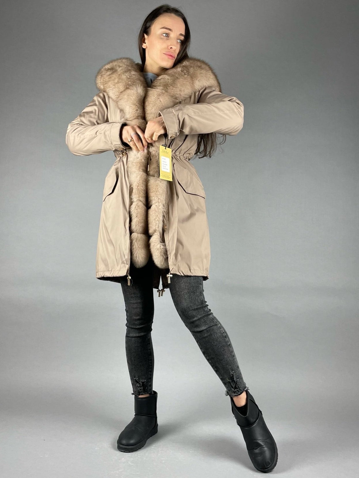 Parka LUX camel à fourrure blanc et jaune, 95 cm