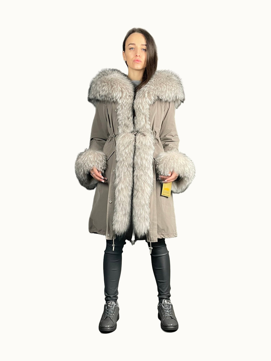 Parka LUX w kolorze cappuccino z futrem szopa, 103 cm