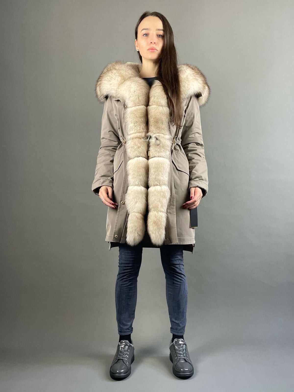 Parka LUX cappuccino à fourrure blanc et jaune, 95 cm