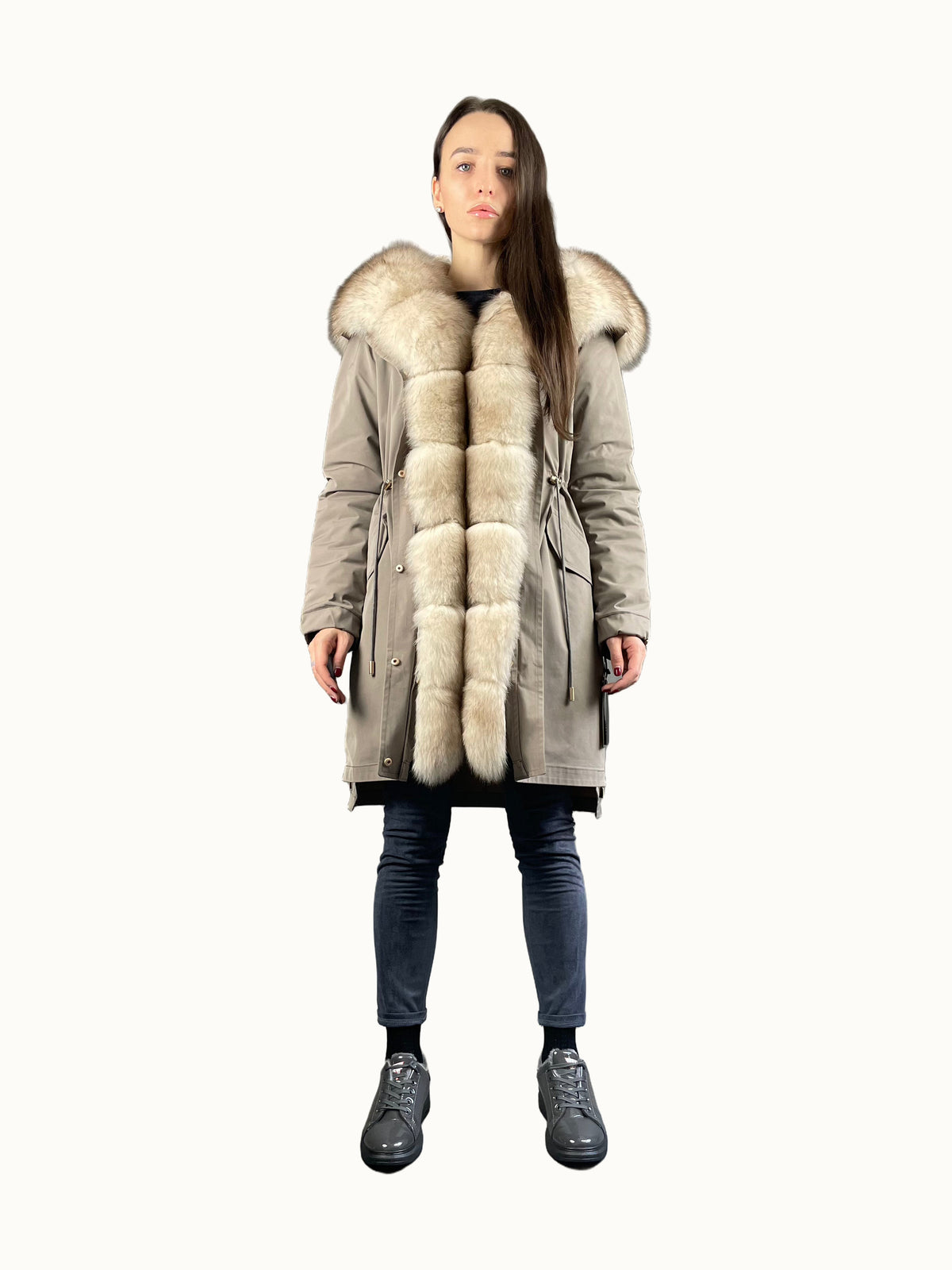 Parka LUX in Cappuccino mit weiß-gelbem Fell, 95 cm