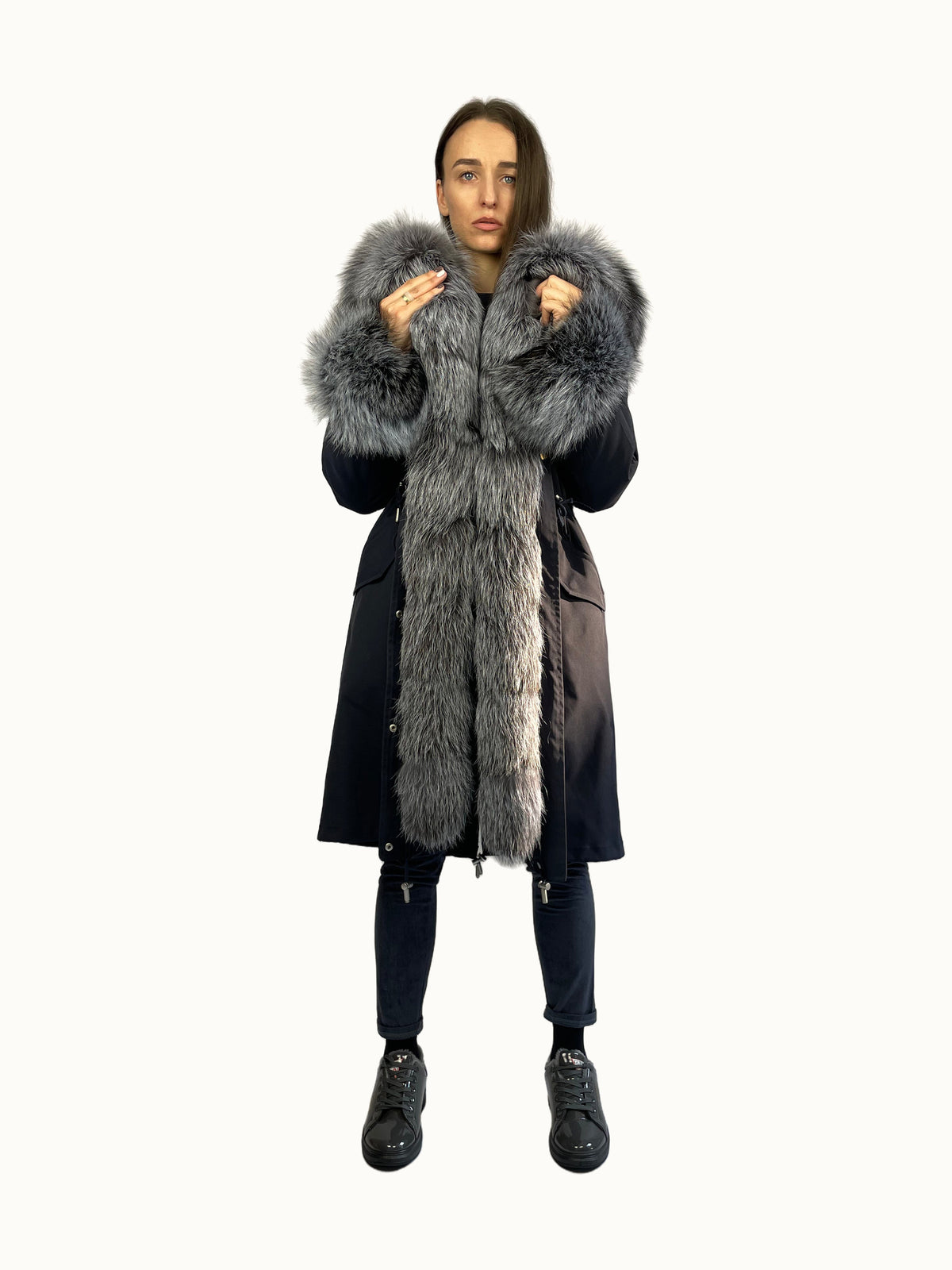 Parka LUX in Dunkelblau mit Silberfuchsfell, 103 cm