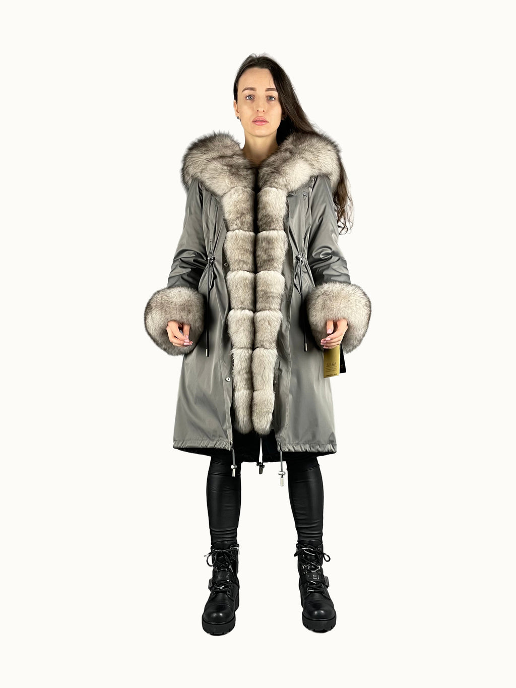 Parka LUX grigio scuro con pelliccia bianca e nera, 103 cm