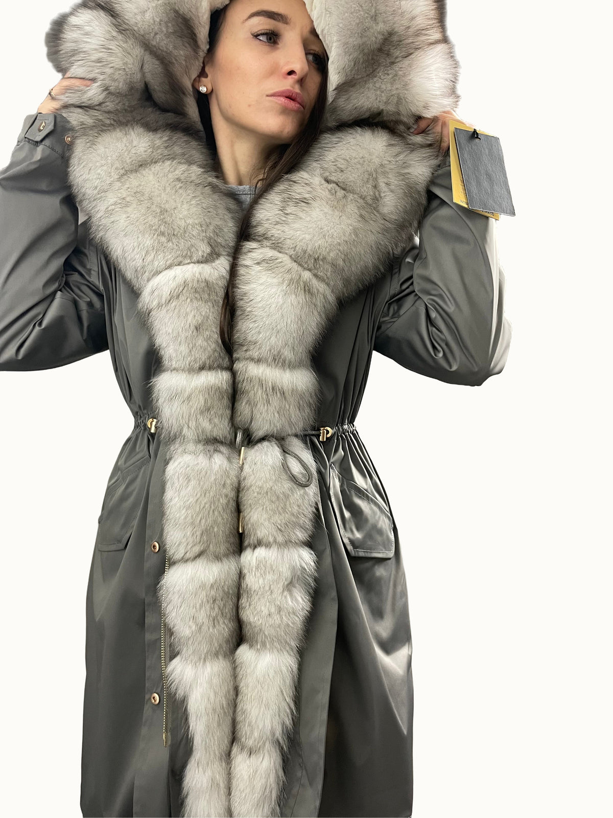 Parka LUX in Dunkelgrau mit weißem Fell, 95 cm, 4 Taschen