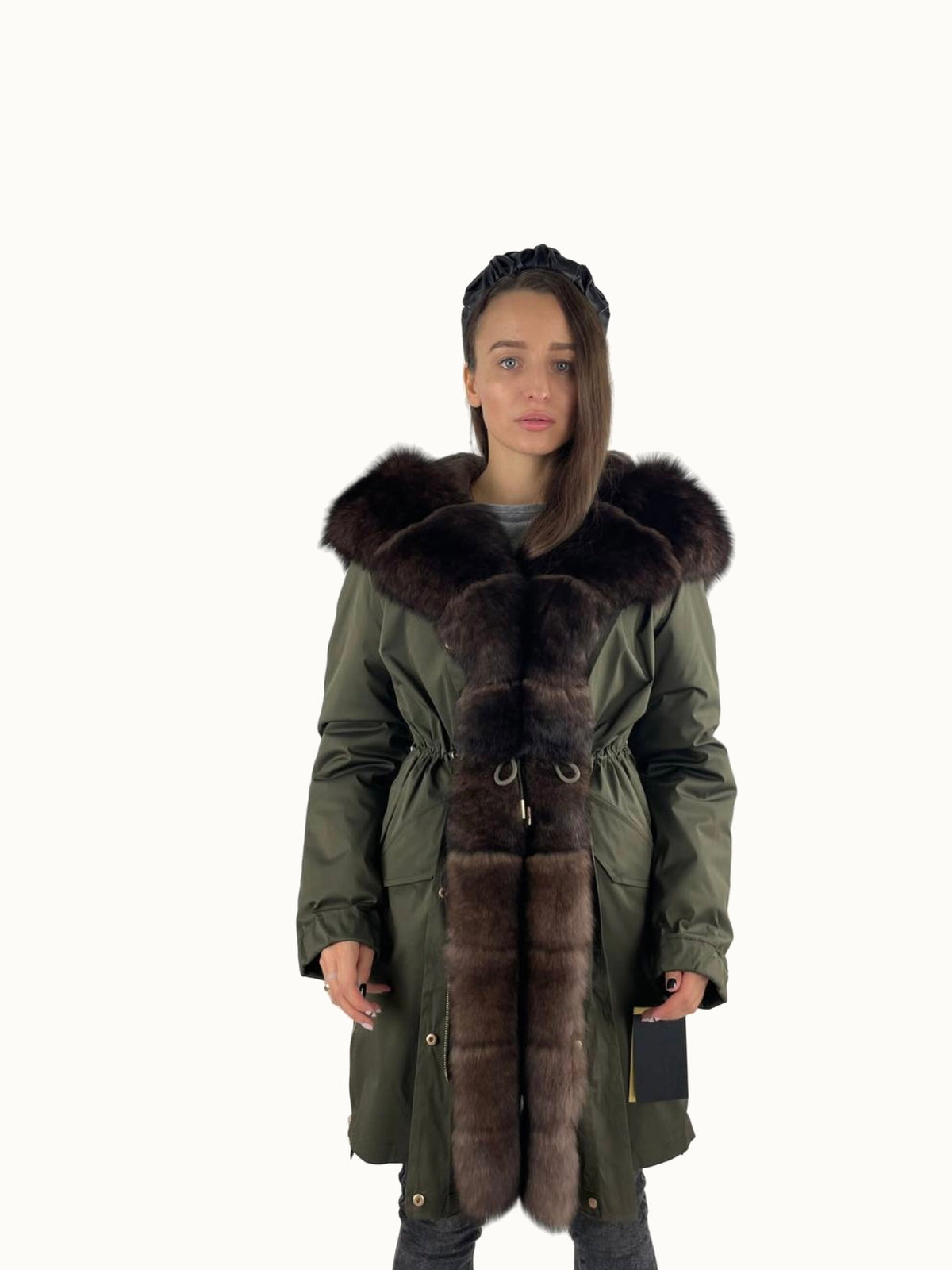 Parka LUX verte à fourrure marron, 95 cm