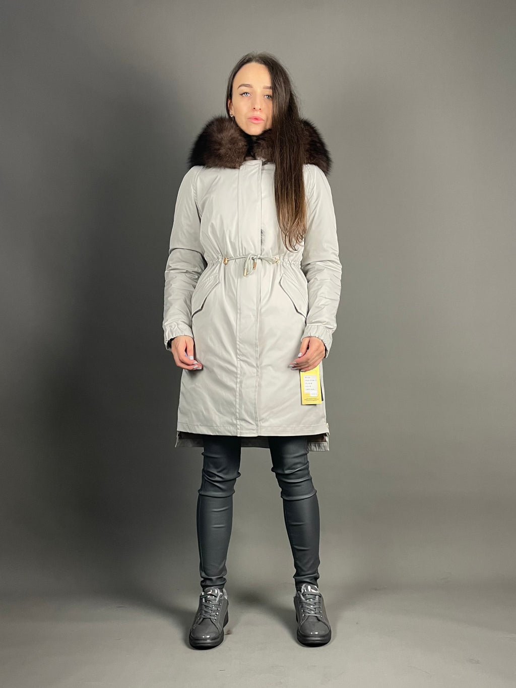 Parka LUX szara z brązowym futrem, 95 cm