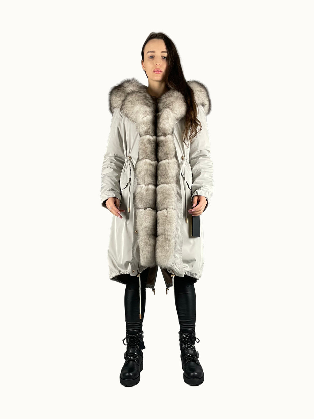 Parka LUX grise à fourrure noir et blanc, 103 cm
