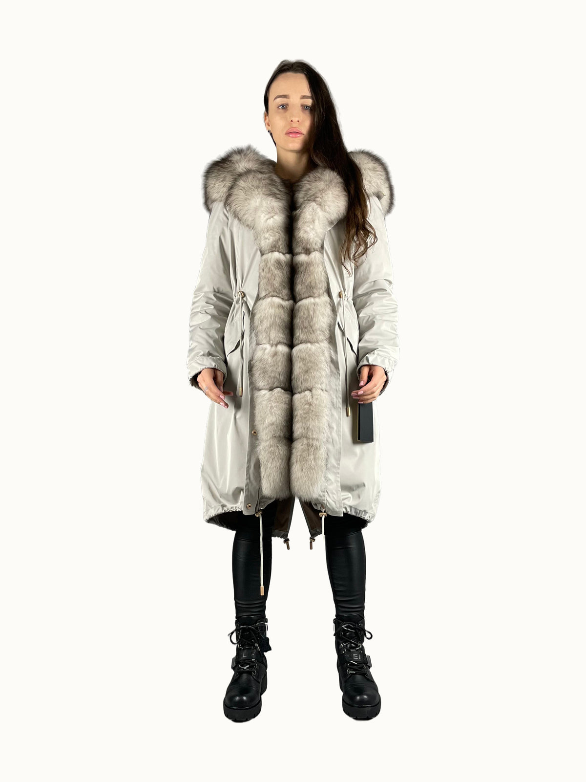 Parka LUX grise à fourrure noir et blanc, 103 cm