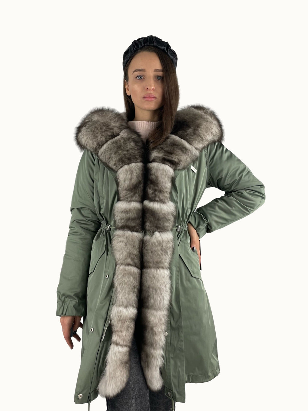 Parka LUX Olive / White-Black Fur 95 cm