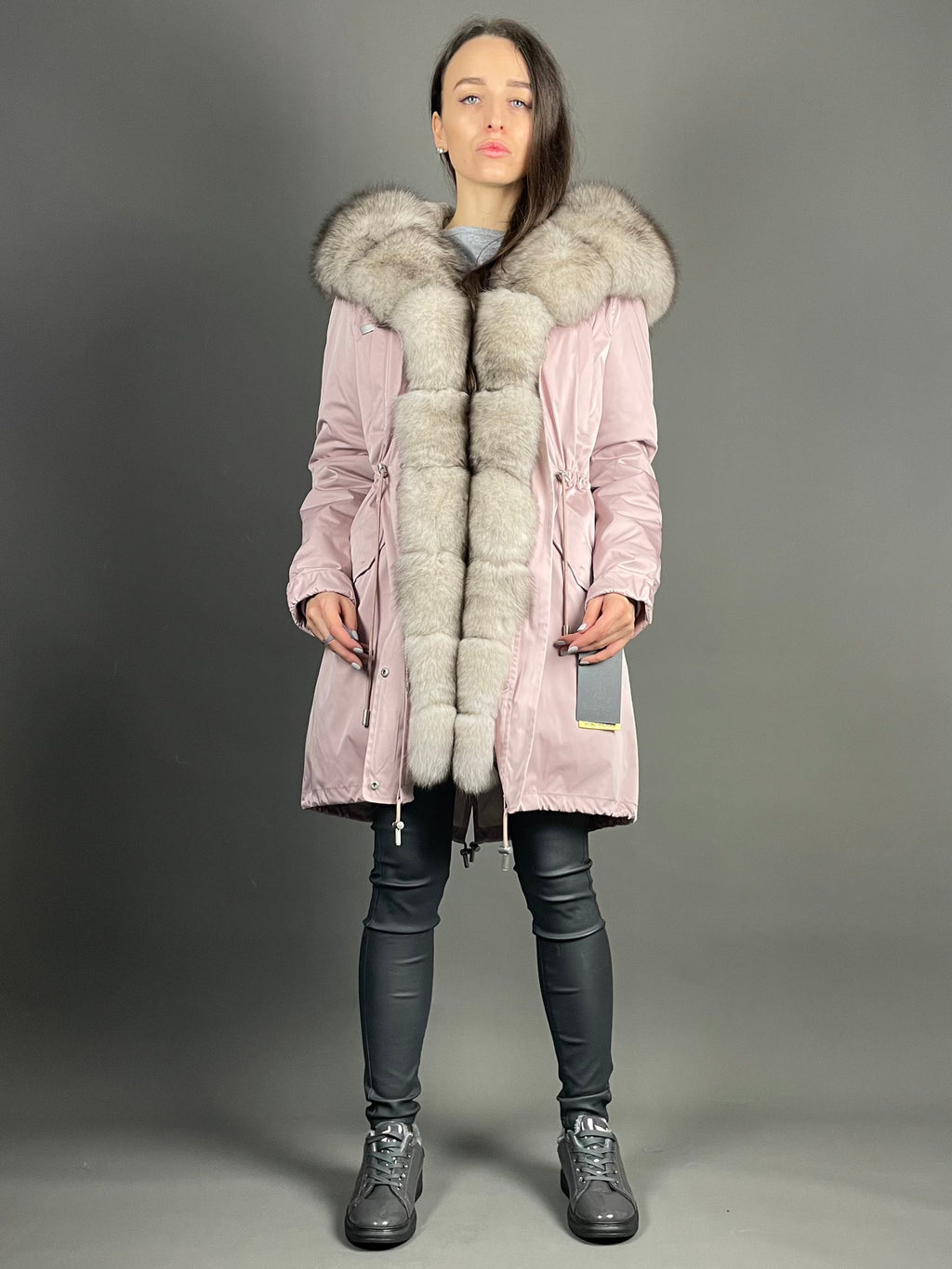 Parka LUX rosa com pelo preto e branco, 95 cm