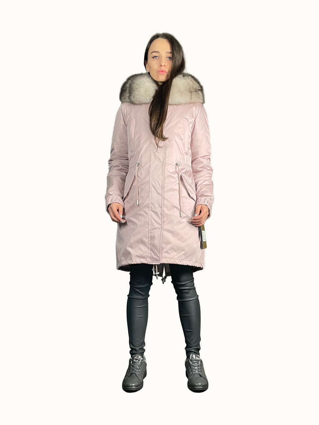 Parka LUX rosa con piel blanca y negra, 95 cm