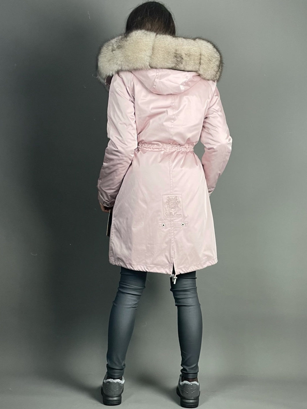 Parka LUX rosa com pelo preto e branco, 95 cm