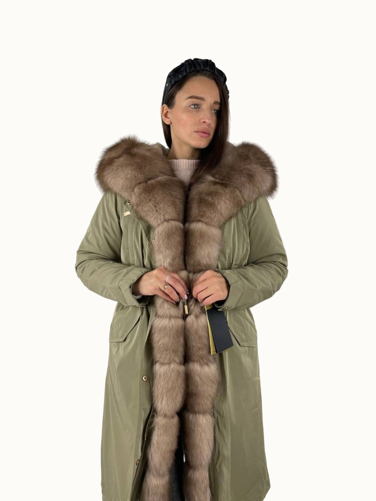 Parka LUX pistache à fourrure blanc et beige, 103 cm