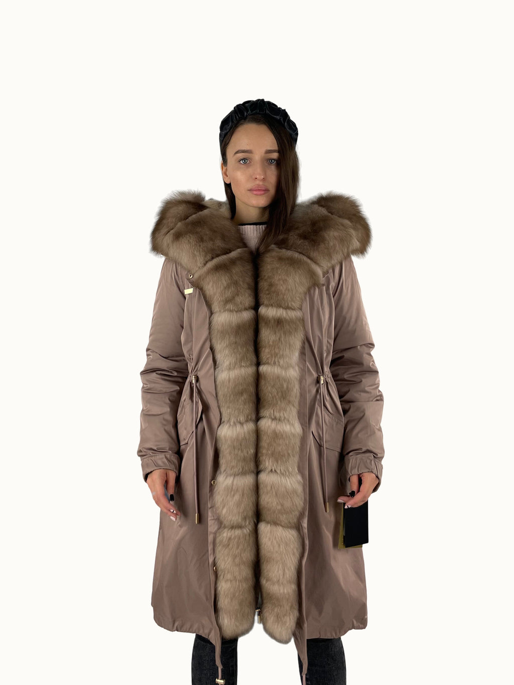 Parka LUX pūderrozā ar baltdzeltenu kažokādu, 103 cm