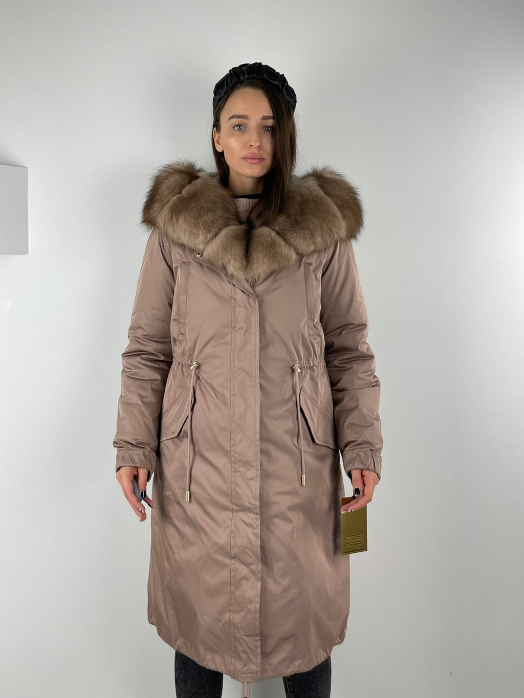 Parka LUX rosa cipria con pelliccia bianca e gialla, 103 cm