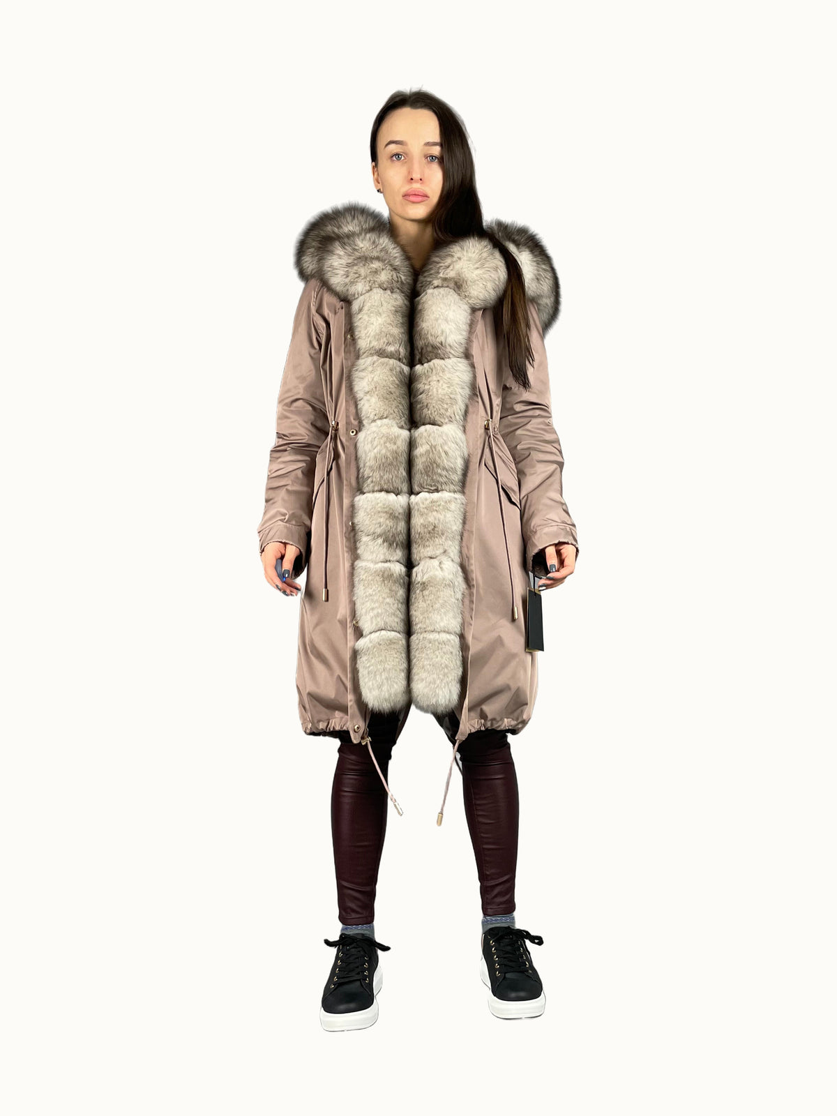 Parka LUX rose poudré à fourrure noir et blanc, 103 cm