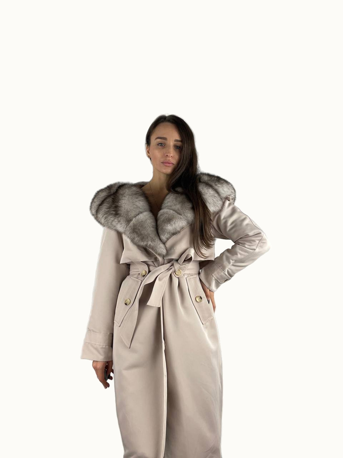 Parka-gabardina Baltic marfil con piel beige, 110 cm