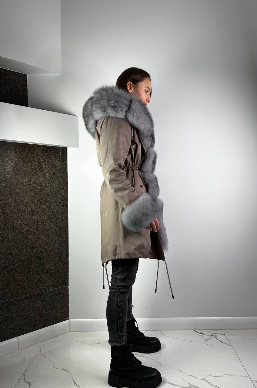 PARKA Baltic Classic Cappuccino with Grey Artic fur and lining Rex rabbit fur for women 95 cm