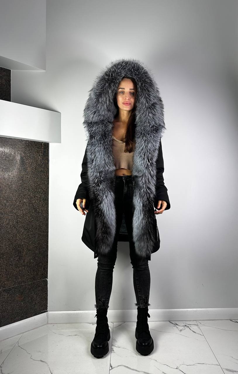 PARKA Baltic XM Black with Silver fox fur and lining Rex rabbit fur for women 90 cm