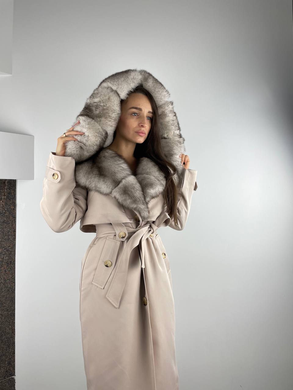 Parka-Trench Baltic Aivori with Beigie  Artic fur and lining Rex rabbit fur or women 110 cm