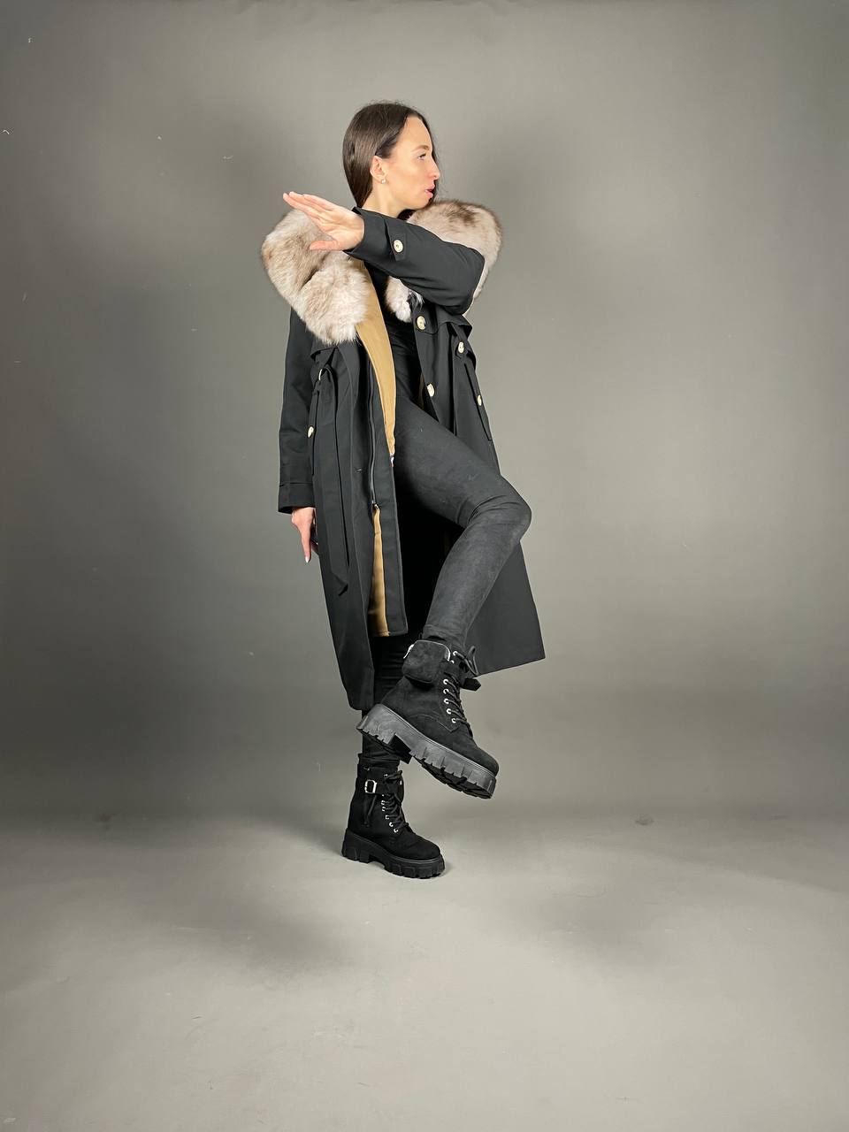 PARKA-TRENCH Baltic Black with Beigie Artic fur and Rex rabbit fur for women 110 cm