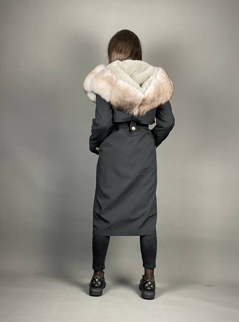 PARKA-TRENCH Baltic Black with Beigie Artic fur and Rex rabbit fur for women 110 cm