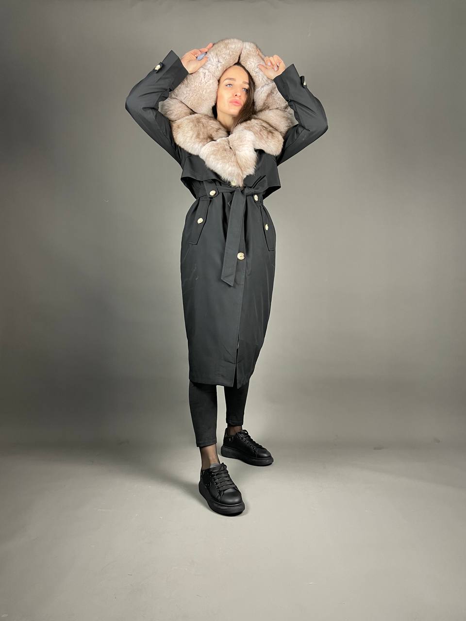 PARKA-TRENCH Baltic Black with Beigie Artic fur and Rex rabbit fur for women 110 cm