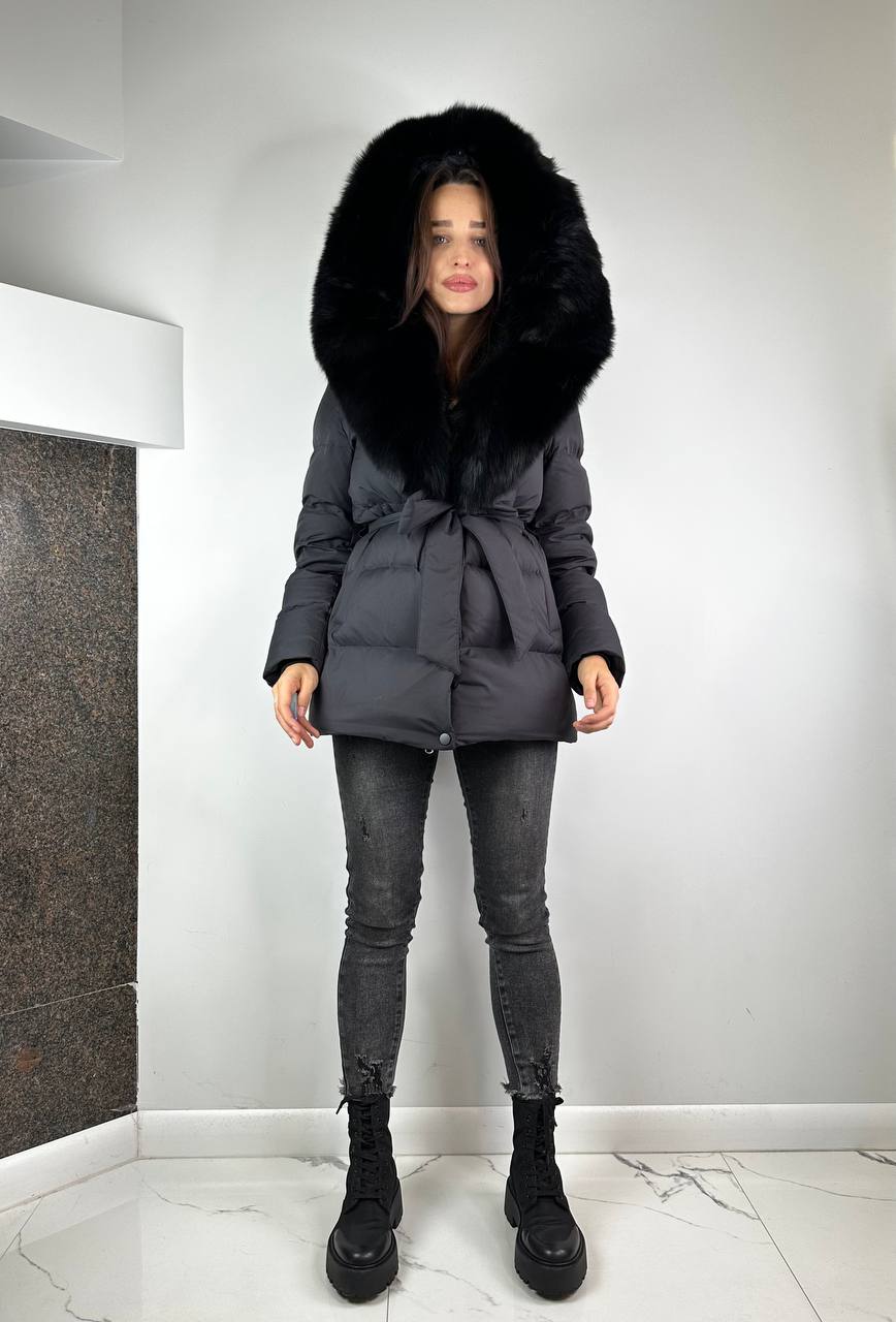 Black Down Jacket for women with Black fur Baltic 75 cm