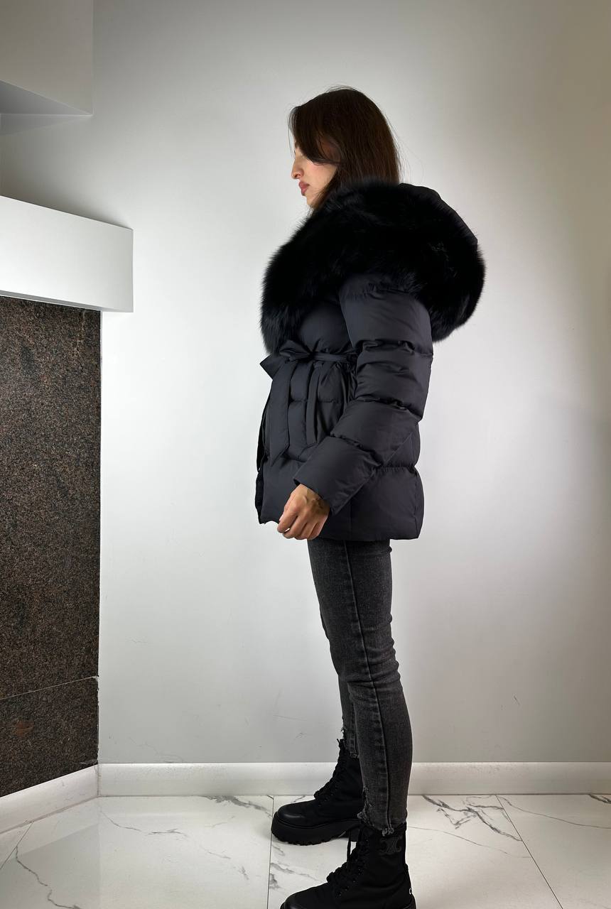 Black Down Jacket for women with Black fur Baltic 75 cm